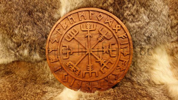 Asatru Holzbild "Wegweiser" Ø 23 cm - Viking Kompass mit Futhark Wandrelief - Handarbeit aus Holz, W
