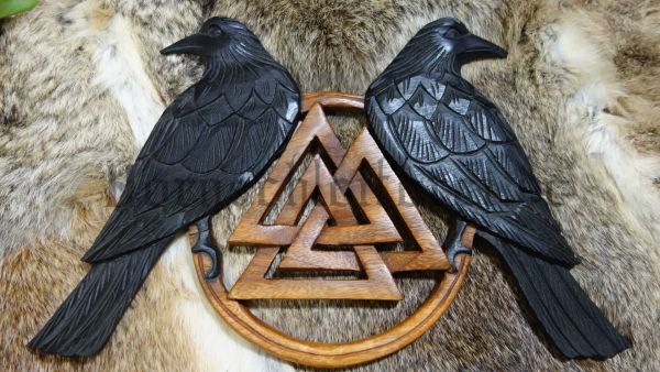 Odins Raben mit Valknut Handarbeit aus Holz HUGIN & MUNIN 22 cm, Wanddeko